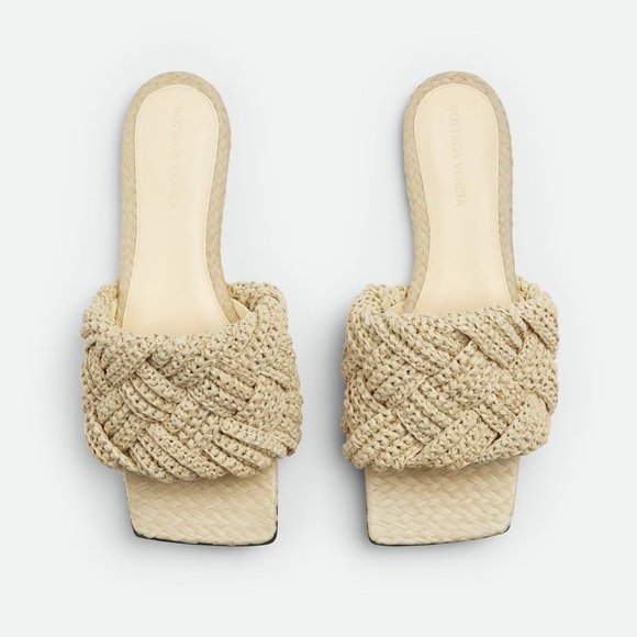 Bottega Veneta Lido Flat Sandal with Intrecciato Raffia in White